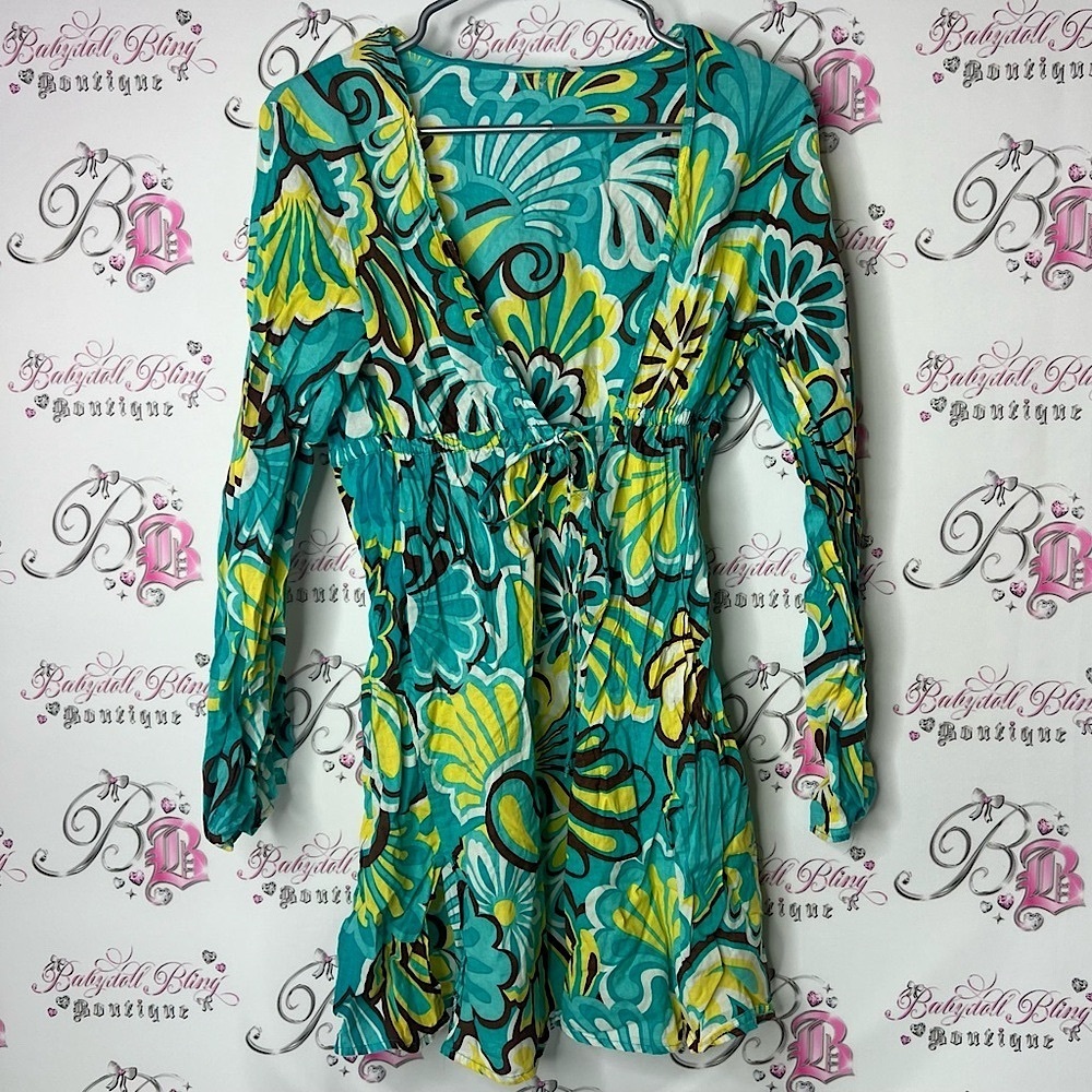 Dress beach cover up psychedelic flowers Floral V-Neck Long Sleeve Dress